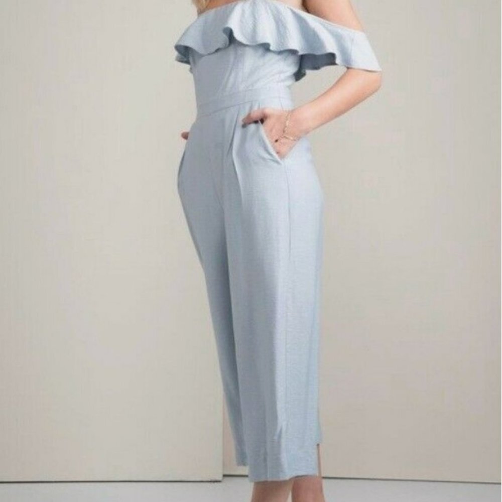 Anthropologie Greylin Ashley Jumper Culotte Off‎ Shoulder Blue Jumpsuit Size XS